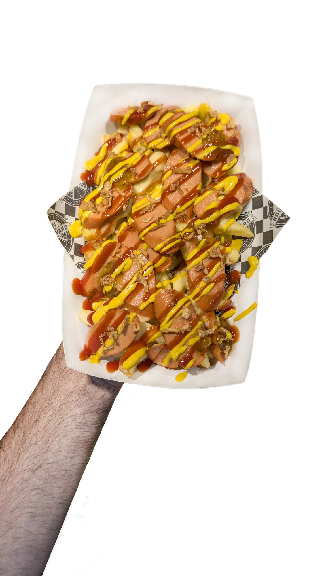 VGN Boulevard tray of Big Dog loaded fries held against a white background